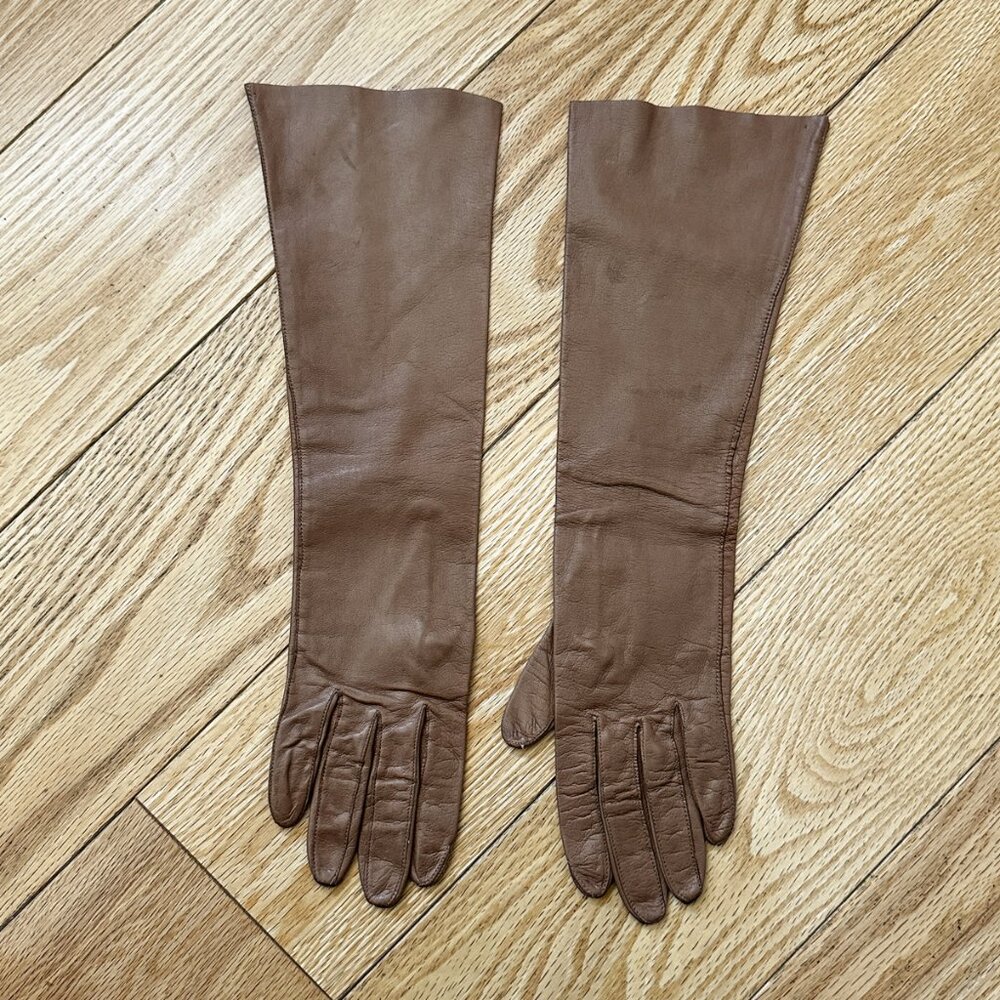 Tan/Taupe-color soft glove leather, elbow-length gloves